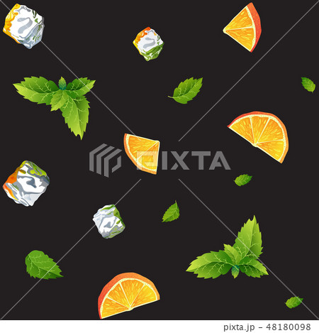Seamless black pattern, orange, mint and Ice cubes Seamless black pattern, orange, mint and Ice cubes 48180098