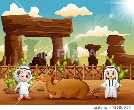Two arab boys with camels in the desert 48180917