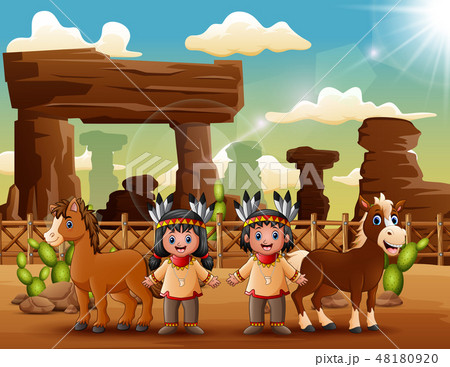 Cartoon indian couple with animal in the desert Cartoon indian couple with animal in the desert 48180920