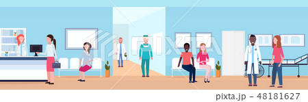 mix race patients and doctors in hospital waiting hall with reception seats and bed helthcare mix race patients and doctors in hospital waiting hall with reception seats and bed helthcare 48181627