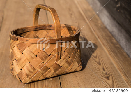 Ancient wicker basket on a wooden background. Selective focus. Free space for text. 48183900