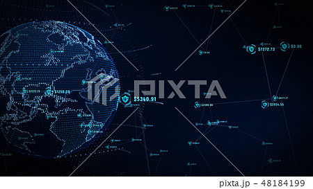 Shield icon on secure global network, Technology 48184199