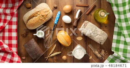 bread and bakery ingredients on wood bread and bakery ingredients on wood 48184671