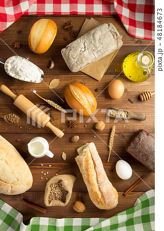 bread and bakery ingredients on wood bread and bakery ingredients on wood 48184673
