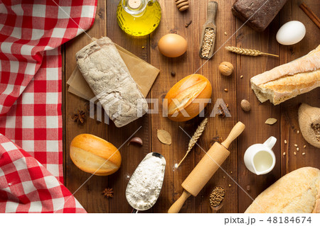 bread and bakery ingredients on wood bread and bakery ingredients on wood 48184674
