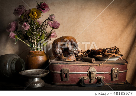 Human skull and flower vase old treasure on wooden 48185977