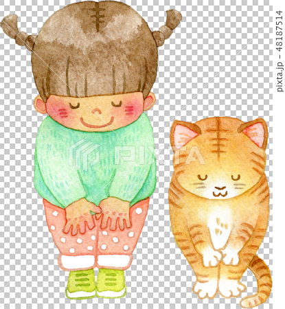 笑顔でお辞儀をする女の子と猫の水彩イラスト 48187514