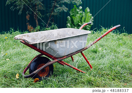Wheelbarrow on green grass lawn in a farm garden 48188337