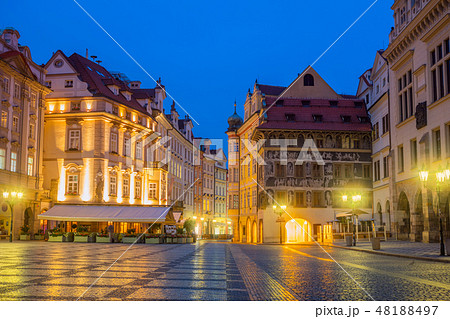 Old Historic Prague square at night with old lamps Old Historic Prague square at night with old lamps 48188497