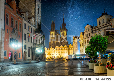 Prague Old Town Square at night with stars sky Prague Old Town Square at night with stars sky 48188499