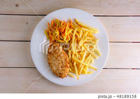 Fried meat in breading with french fries Fried meat in breading with french fries 48189158