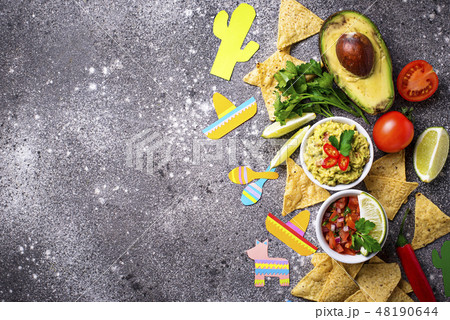 Guacamole, salsa, nachos and tequila Guacamole, salsa, nachos and tequila 48190644