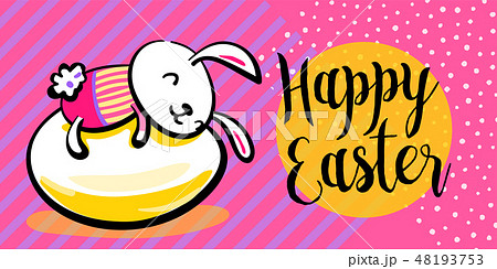 Happy easter greeting banner background with cute dressed bunny on the egg, hugging it. Striped and 48193753