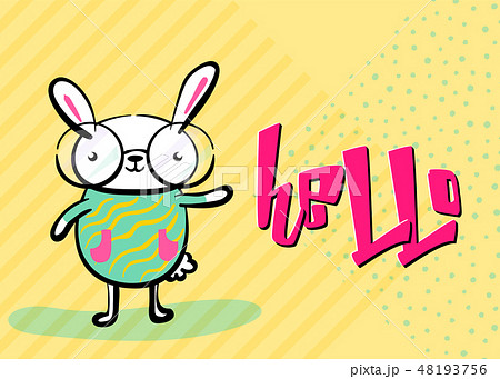 Happy easter greeting background with cute easter bunny and quote hello. Striped and dots texture Happy easter greeting background with cute easter bunny and quote hello. Striped and dots texture 48193756
