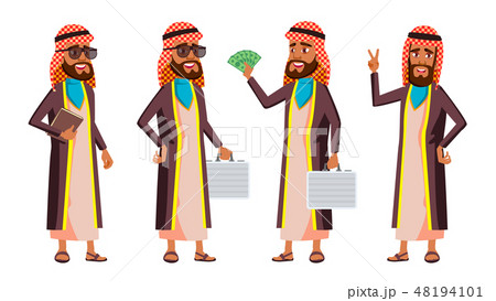 Arab, Muslim Old Man Poses Set Vector. Elderly People. Senior Person. Aged. Cheerful Grandparent 48194101