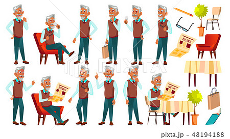Arab, Muslim Old Man Poses Set Vector. Elderly People. Senior Person. Aged. Funny Pensioner. Leisure 48194188