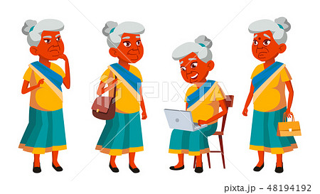 Indian Old Woman Poses Set Vector. Elderly People. Senior Person. Aged. Friendly Grandparent. Banner 48194192