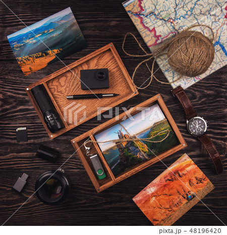 Wooden photo box with photo from travel Wooden photo box with photo from travel 48196420