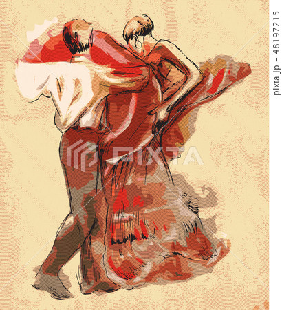 Spanish dancers. Vector illustration. Engraving. Spanish dancers. Vector illustration. Engraving. 48197215
