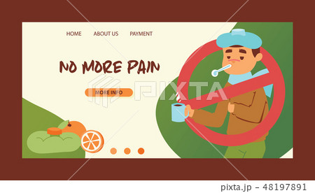 Flu vector sick man character with fever and illness and sneezing nose landing web page design 48197891