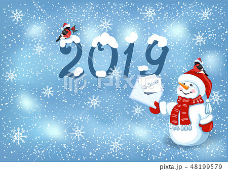Christmas card with Snowman in Santa cap  48199579