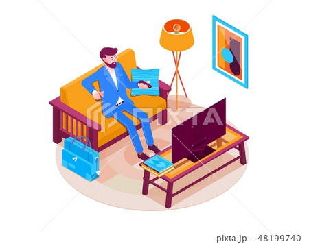 Man Booking Hotel Reservation.Vector isometric hotel room concept.Landing page template 48199740