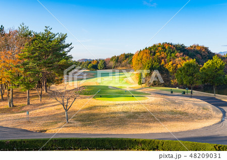 早朝で紅葉のゴルフ場グリーンとティーグランド 48209031