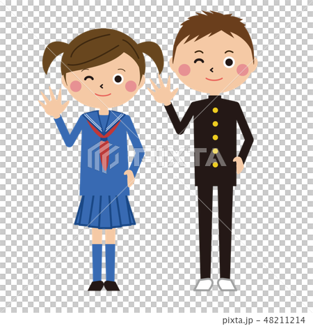 ポップな学生服の男女 全身 手をあげて挨拶のイラスト素材