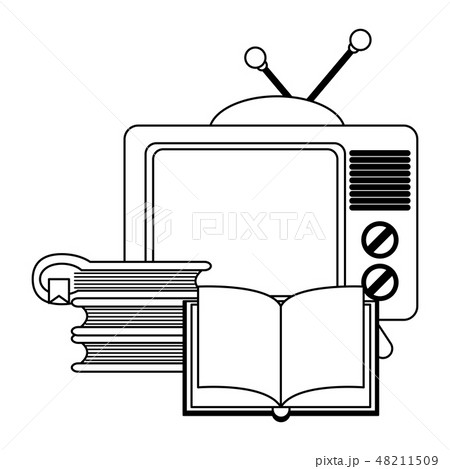 Old tv and books stacked in black and white Old tv and books stacked in black and white 48211509