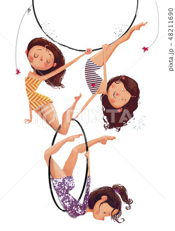 three air gymnasts cartoon girls with hoop 48211690