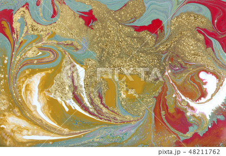 Green and red marbling pattern. Gold marble liquid texture. 48211762