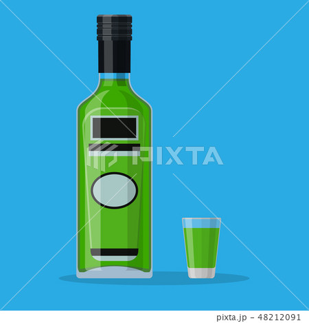 Bottle of absinthe with shot glass. 48212091