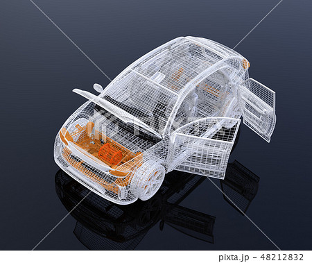 黒バックに銀色と黄色のワイヤーで構成されたSUVのイメージ 48212832