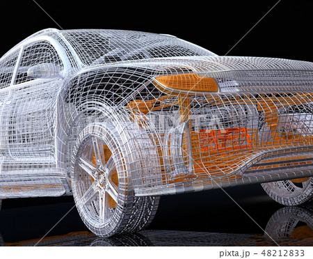 黒バックに銀色と黄色のワイヤーで構成されたSUVのクローズアップイメージ 黒バックに銀色と黄色のワイヤーで構成されたSUVのクローズアップイメージ 48212833