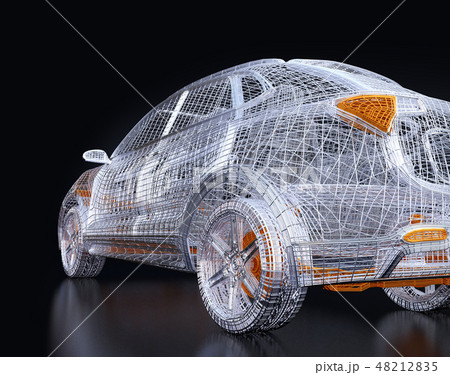 黒バックに銀色と黄色のワイヤーで構成されたSUVの後部イメージ 黒バックに銀色と黄色のワイヤーで構成されたSUVの後部イメージ 48212835