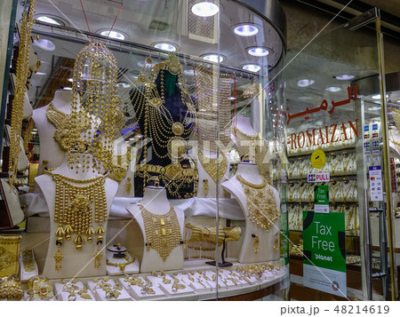 Gold jewelry in the display window Gold jewelry in the display window 48214619