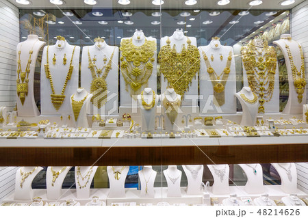 Gold jewelry in the display window Gold jewelry in the display window 48214626