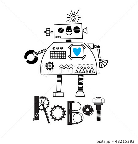 little cute robot and the inscription of the details and gears. Vector illustration little cute robot and the inscription of the details and gears. Vector illustration 48215292