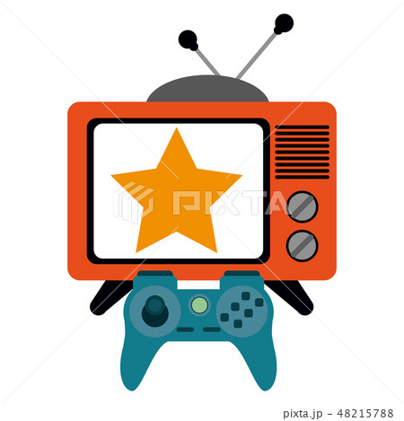 Old tv with star on screen and videogame gamepad Old tv with star on screen and videogame gamepad 48215788