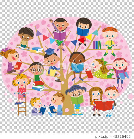 桜の木に集まって読書をする子供達 桜の木に集まって読書をする子供達 48216495