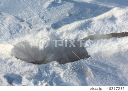 Crack on the snow river in the spring 48217285