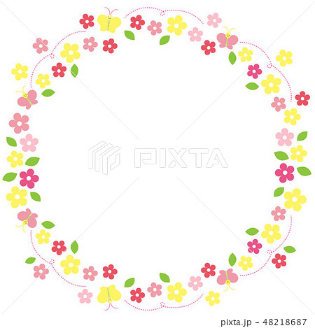 蝶とカラフルな花々の丸フレームのイラスト素材 48218687 Pixta