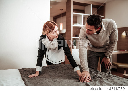 Blonde housekeeper feeling scared while client flirting with her 48218779