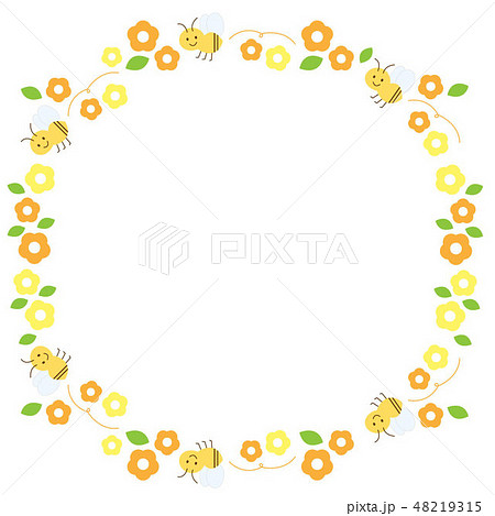 ミツバチとマーガレットの花の丸いフレームのイラストのイラスト素材