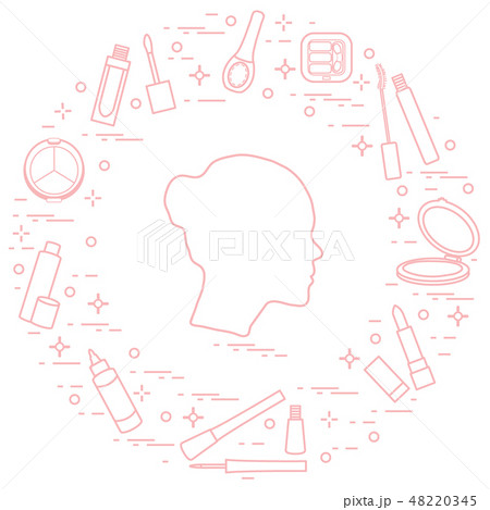 Silhouette of female head and various accessories 48220345