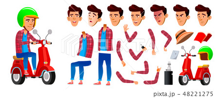 Asian Boy Schoolboy Kid Vector. High School Child. Delivery Service. Animation Creation Set. Face 48221275