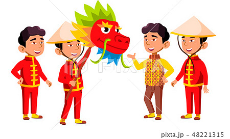 Asian Boy Kindergarten Kid Poses Set Vector. Festival, Dragon. Little Children. Happiness Enjoyment 48221315