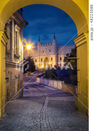 View of Lublin Castle through the arch at dusk 48223086