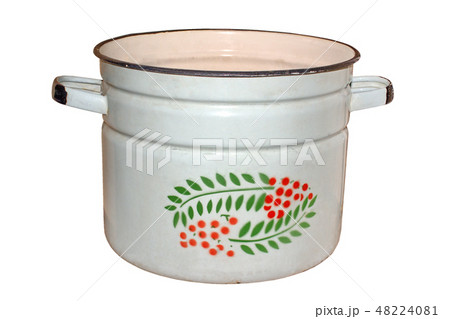 Image of an old enameled pan isolated on white background. Image of an old enameled pan isolated on white background. 48224081