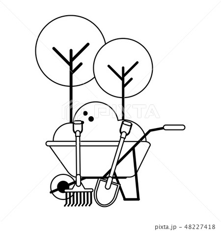 wheelbarrow with ground and harvest tools black and white 48227418